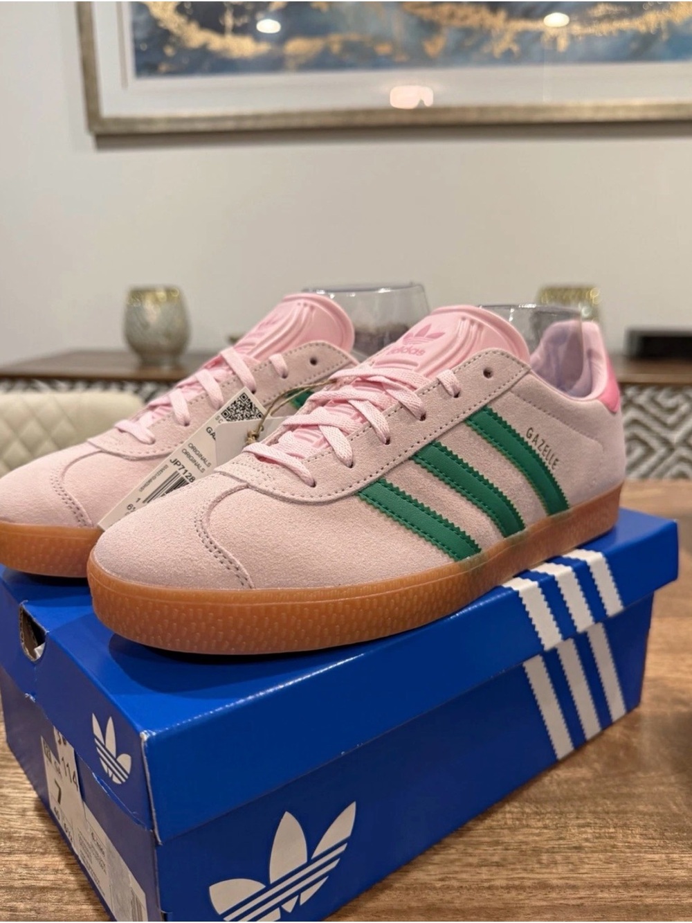 Adidas Gazelle Pink Suede Sneakers with Green Stripes size 7Y/8.5W BNIB